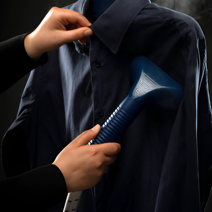 Professional ironing and laundry cleaning services in Dubai, showcasing steam cleaning of a formal shirt for a crisp and spotless finish.